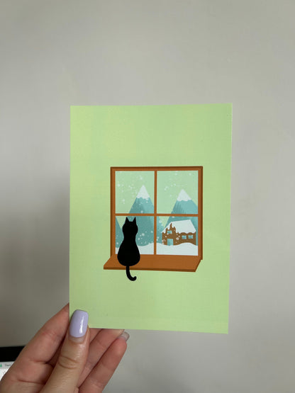 curious cat postcard- small A6 poster