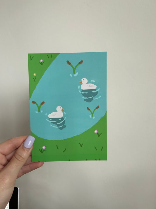 Ducks in pond small print - A6 postcard